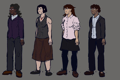 Design iterations for Dead Human Walking, exploring various styles of dress and features for a slim femme body type.