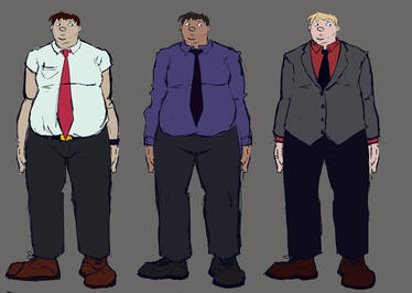 Design iterations for Dead Human Walking, exploring various styles of dress and features for a plus-size masc body type.