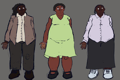 Design iterations for Dead Human Walking, exploring various styles of dress and features for a plus-size femme body type.