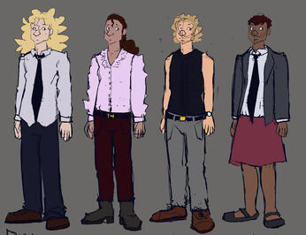 Design iterations for Dead Human Walking, exploring various styles of dress and features for a thin androgynous body type.