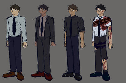 Design iterations for Dead Human Walking, exploring various styles of dress and features for a slim masc body type.