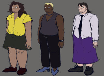 Design iterations for Dead Human Walking, exploring various styles of dress and features for a plus-size androgynous body type.