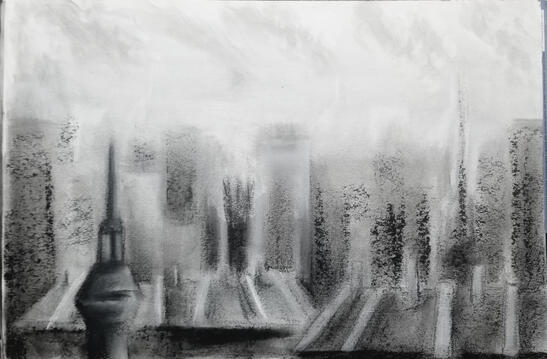 Smog background ideation - charcoal and graphite sketch